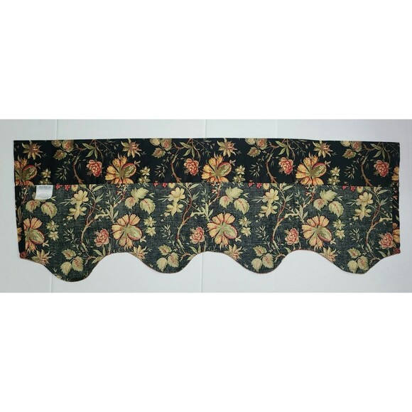 Set of 2 Waverly Felicite Noir Cotton Rod-Pocket Valance Black Floral Scalloped - Picture 3 of 9